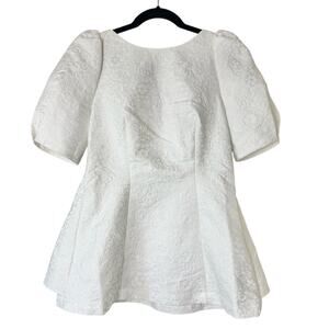 Givh Shyh Bright White Bridal Beaded Peplum Brocade Blouse Size 6